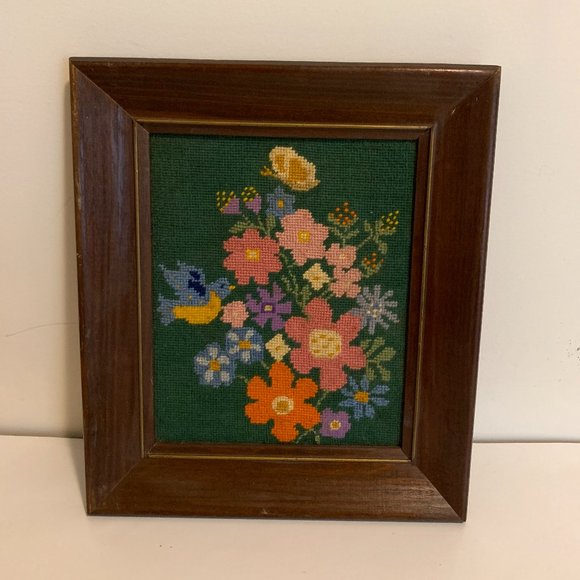 Vintage Other - Vintage Cross Stitch Framed Flowers Bird